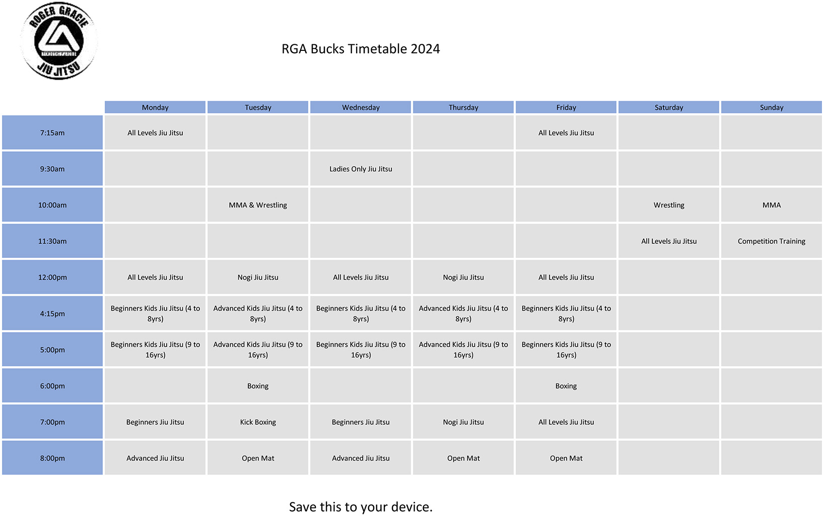 RGA Bucks Timetable 2024